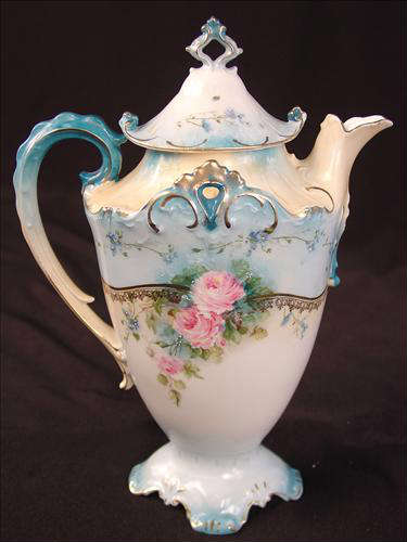 78 - Unsigned RS Prussia Tea Pot, blue with pink flowers, 10in. T, 7in. W