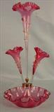 84 - Cranberry Epergne with 3 Fluted Trumpets, vases, 22in. T, 10in. Dia.