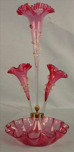 84 - Cranberry Epergne with 3 Fluted Trumpets, vases, 22in. T, 10in. Dia.