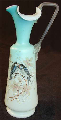 86 - Satin Glass Ewer with birds, 10in. T, 4in. W