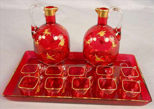 85 - Liquor Set with Tray, 12in. L, two - 6in. T. Bottles and ten cups