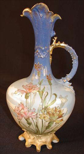 103 - Teplitz Austria Porcelain Floral Ewer, 12in. T, 6in. W.