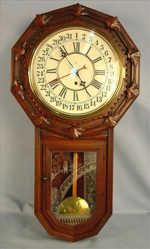 128 - Gilbert Stardrop Clock with calendar, 33in. T, 18in. W