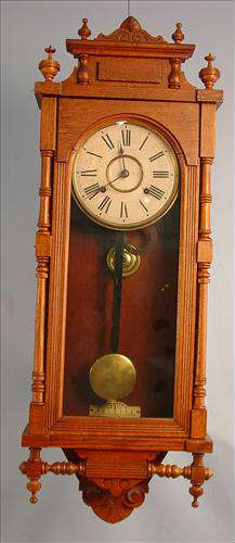 134 - Ansonia Oak Queen Elizabeth Clock, 37in. T, 14in. W