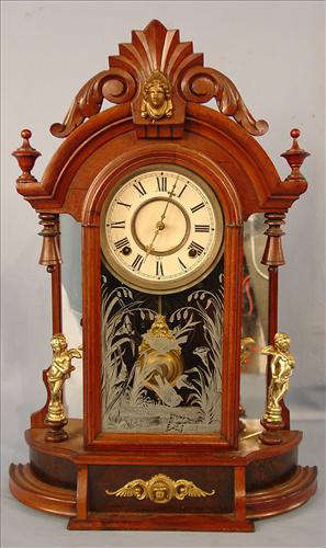 161 - Gilbert Walnut Victorian Figural Mantle Clock, 23in. T, 16in. W