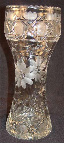 166 - Cut Glass Flower Vase with wheel cut flowers, 12in. T, 5in. Dia.