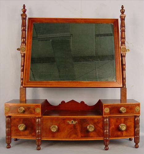 174 - Dressing Glass, 5 drawers, matching pilaster and mirror supports, burl mahogany drawers, front with brass knobs, ca. 1880, 29in. T, 26in. W, 8in. D.