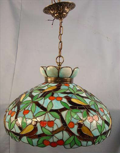 179 - Large Leaded Glass Hanging Shade with 8 birds, cherries and leaves, ca. 1910, 30in. T, 25in. Dia.