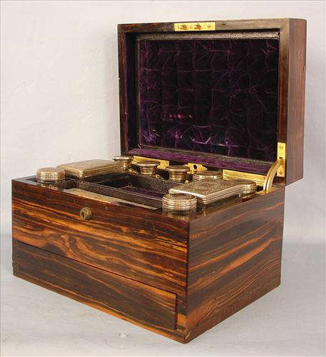 250 - Rosewood Victorian Dresser Box with sterling lids on glass containers.