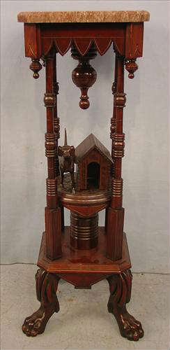 262 - Walnut Victorian Fern Stand with brown marble top, dog and dog house in center, claw feet, 34in. T, 12in. Sq., ca. 1870.