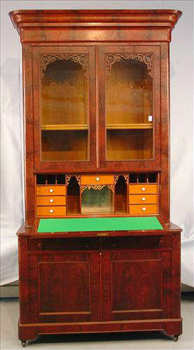 263 - Mahogany Secretary Desk, fretwork on top of tall glass doors, comes apart in 3 pieces, 8ft 2in. T, 49in. W, 22in. D, ca. 1840.