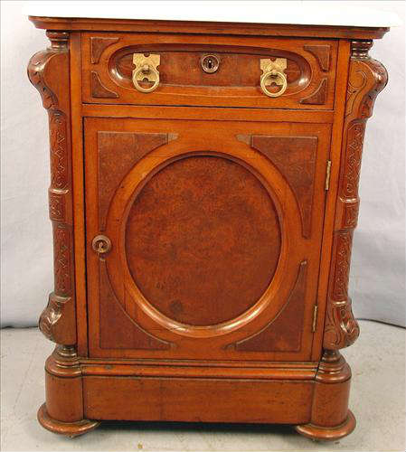265 - Victorian Walnut Half Commode with white MT, drawer with burled raised panels, door with oval panel, mint condition, 33in. T, 25in. W, 20in. D., ca. 1875.
