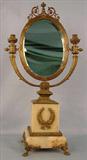 274 - Bronze and onyx Shaving  Mirror, candle holders on top of mirror front with claw feet, 30in. T, 16in. W, 7in. D.