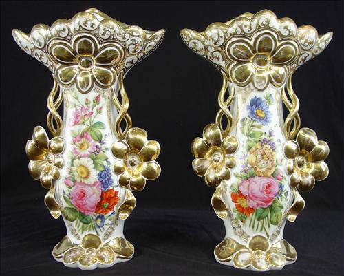 279 - Pair of Old Paris Vases with floral painting, 17in. T, 10in. W, ca. 1880.