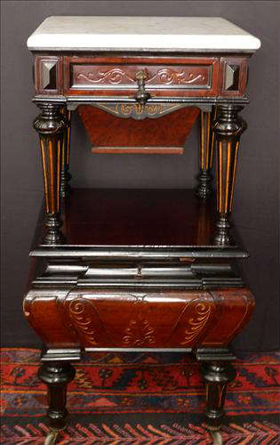 286 - Walnut Victorian Night Stand with marble top, sewing drawer and bottom drawer, ca. 1875.
