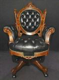 288 - Large Walnut Victorian Office Desk chair, padded arms, carved  crown, black leather upholstery, ca. 1870