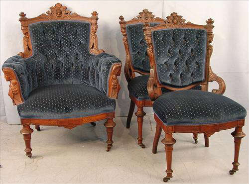 297 - 3 Piece Walnut Egyptian Style Victorian Parlor Suit, att. to John Jelliff, arm chair, 39in. T, 29in. W, 21in. D.
