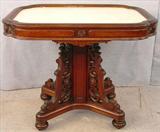 298 - Victorian Rectangular Parlor Table, Pierce carving with insert white marble top, square center pedestal with 4 legs, 29in. T, 36in. W, 26in. D.