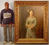 300 - Oil on Canvas, Portrait of Young Victorian Girl in green dress, signed J. Van Keirsbilck. 72in T, 58in. W., Overall canvas measures 55in. T.