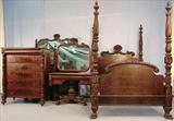 301 - Phenomenal 4 Pc. Mah. Acanthus Carved Bedroom Suit, Tall Poster Bed, large Dresser with a beautifully carved bouquet crown, acanthus carved Dressing Table and Highboy, ca. 1880.