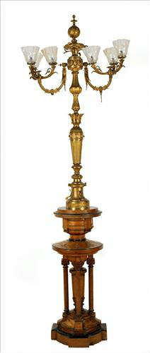 304 - Rare Walnut Victorian Pedestal with gas light fixture, 6 light, 8ft T., 3ft W,  ca. 1870, original shades, gilt bronze.
