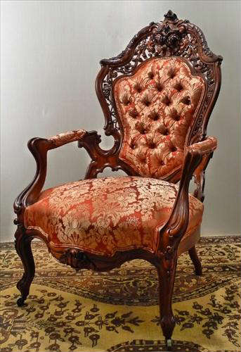 303 - Four Piece Laminated Rosewood Rococo Parlor Suit by Meeks, Hawkins pattern, sofa, 6ft. L, 49in H arm chair, 2 side chairs, ca. 1855.