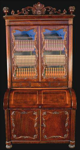 306 - Rosewood Rococo Secretary Desk, made by Meeks, pierced carved crown, carving on doors, 9ft. 2in. T, 42in. W, ca. 1855.