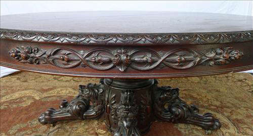 308 - Alexander Roux Rococo Banquet dining Table, will stretch to 14ft. 60in. W, heavily carved, claw feet, ca. 1855.