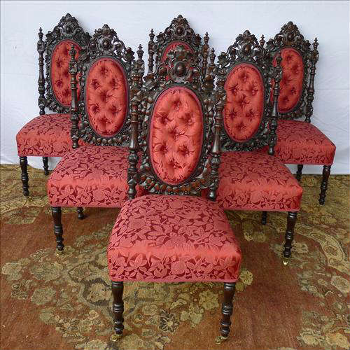 309 - Set of 6 Walnut Victorian Dining Room Chairs by Alexander Roux, mint condition, heavily carved back, red silk upholstery, ca. 1855.