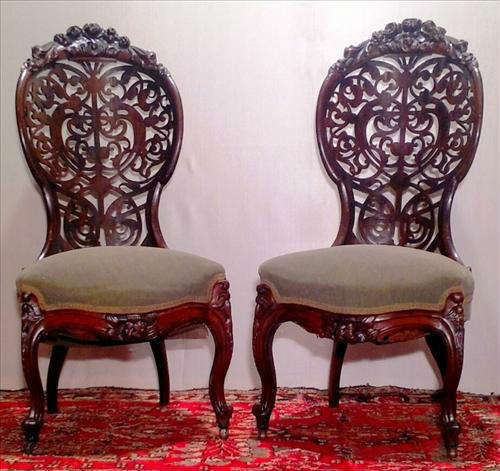 313 - Pair of Rosewood Laminated Pierced Carved Side Parlor Chairs, green seats.