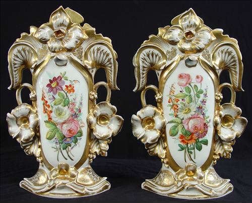 317 - Monumental Pair of Old Paris Vases, hand painted flowers, 18in. T, 12in. W.