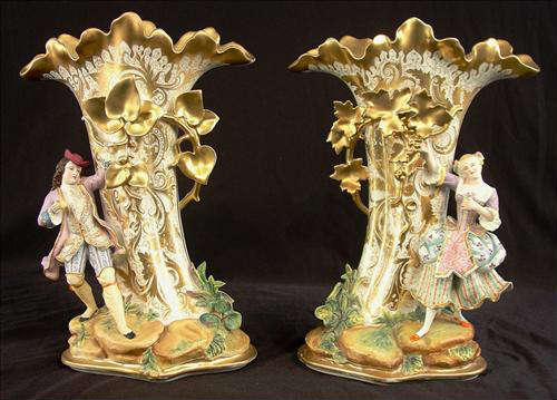 316 - Pair of Old Paris Vases with man and woman figures, ca. 1860, 15in. T, 10in. W.