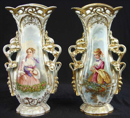 318 - Pair of Old Paris Vases, hand painted portrait scenes, 15in. T, 1in. W.