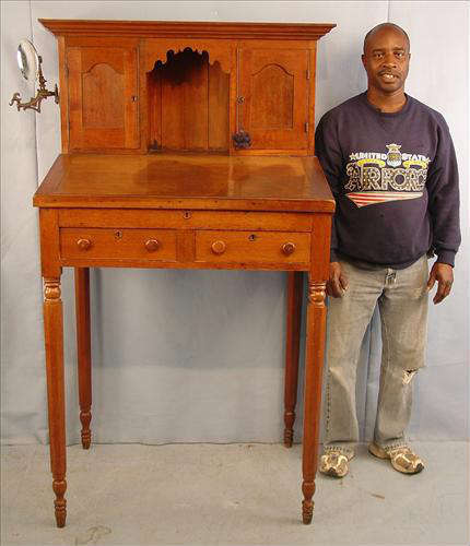 319 - Walnut Plantation Desk, ca. 1870 with original lamp and mercury reflection from Eutaw, Al, 67in. T, 41in W, 28in. D.