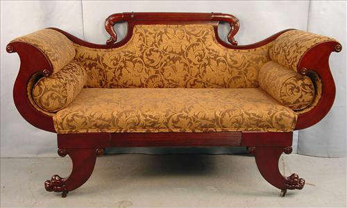 321 - Mahogany Federal Style Loveseat with claw feet, gold and green floral upholstery, 35in. T, 62in. W, 24in. D.