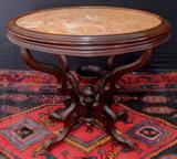 326 - Round Rosewood Marble Top Parlor Table with salmon colored marble, has cup finial, ca. 1875.