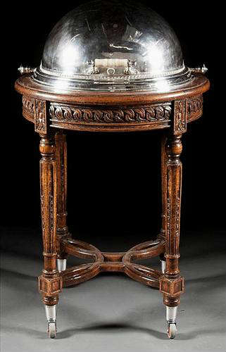 330 - Fine Louis XIV Style Silver Plate and Carved Trestle Base Trolley, 42in. T, 24in. Dia. Ca. 1890.