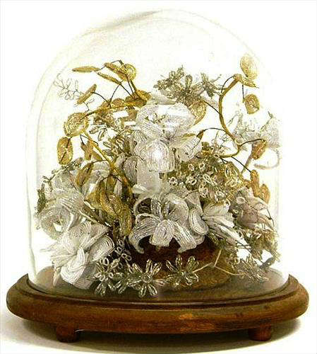 333 - Victorian Glass Dome with Victorian gold flowers, 14in. T. ca. 1890.