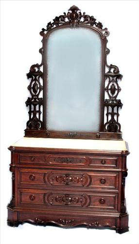 338 - Rosewood Marble Top Dresser with pierced carved mirror frame and crown, signed Thomas Brooks, ca. 1870.