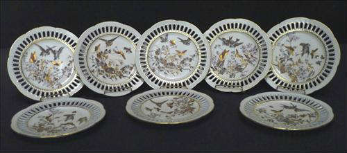 335 - Set of 8 Porcelain Plates with birds and butterflies painted on them, 8in. Dia., made by Perkenhammer.