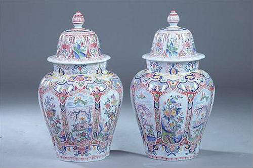 336 - Large pair of Tiffany French Faience covered Urns.