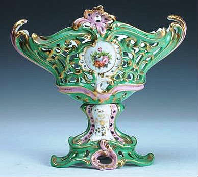 337 - Old Paris Porcelain Center Piece, green and pink, 15in. T, 14in. W, ca. 1860.