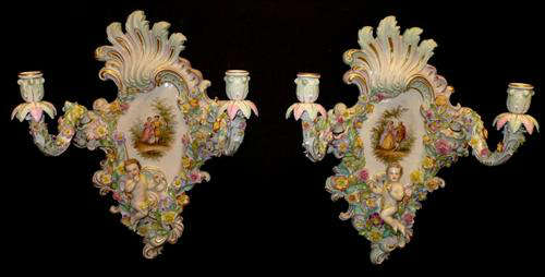 339 - Pair of Dresden Wall Sconces with figural and flowers, hand painted, candle holders.