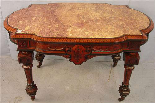 340a - Victorian Renaissance Revival Marble Top Center Table, shades of gold, gray and red in marble, burl walnut apron, ebonized trim, 29in. T, 50in. W, 32in. D, ca. 1865.