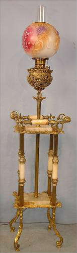 345 - Ornate Brass Onyx Organ Lamp with molded floral Art Nouveau shade, 59in. T, 15in. W., ca. 1885.