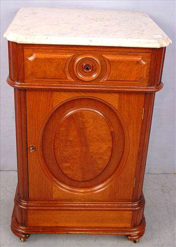 347 - Victorian Walnut Large Renaissance Half Commode with white marble top, burled door and drawer, ca. 1870, 30in. T, 19in. W.