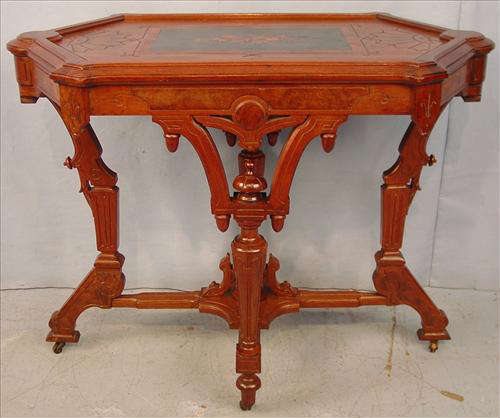 349a - Victorian Renaissance Revival Parlor Table, inlaid flowers on top, raised burl panels on apron, original finish and castors, 29in. T, 35in. W, 22in. D.