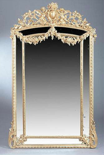 352 - Large Gold Victorian Gilt Wood Mirror, pierced carved crest with cherubs, 5ft 7in. T, 3ft 4in. W, ca. 1870.