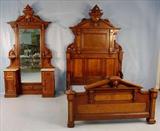 354 - 2 Piece Walnut Vict. Bedroom suit, att. to Thomas Brooks, bed, 98in. T, 77in. L, 58in. W, dresser, 98in. T, 55in. W, 13in. D, great detail carving, burl trim, ca. 1870.