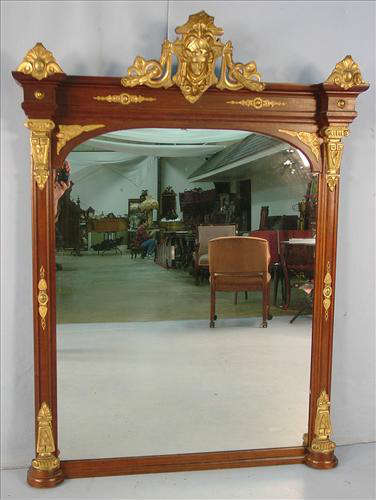 355 - Walnut Victorian Over the Mantle Mirror with lady's head in crown, gold carving trim, solid wood back, 67in. T, 50in. W, ca. 1870.